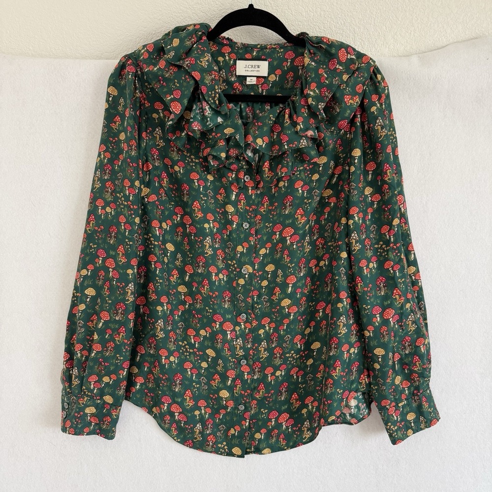 J.Crew Collection Womens Silk Twill Ruffle Collar Top M Mushroom Floral Green
